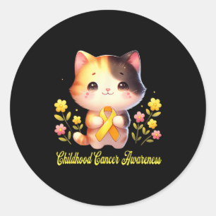 Cute Cat Holding Ribbon Childhood Cancer Awareness Classic Round Sticker