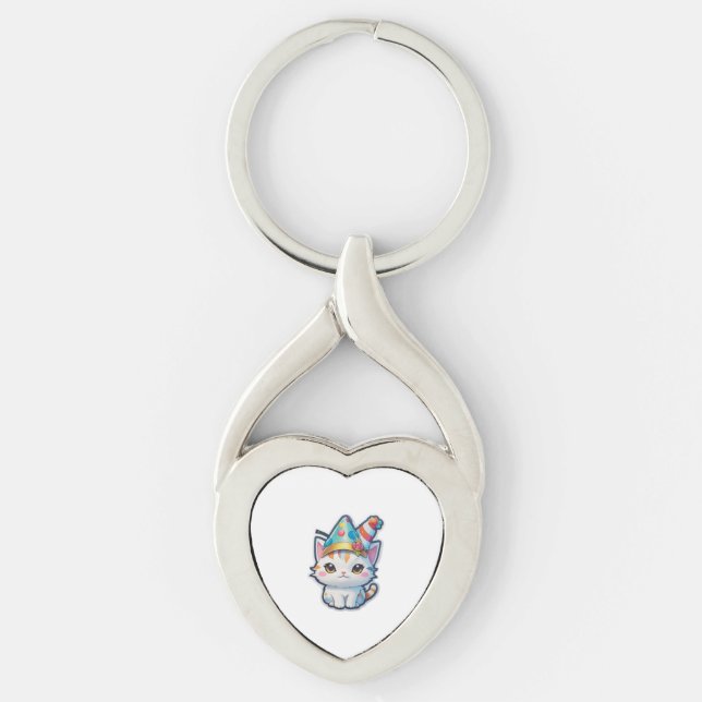 Cute cat holds a New Year's party   Key Ring (Front)