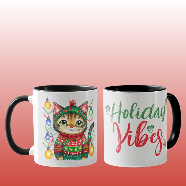 Cute cat holiday vibes grey Christmas Mug (Creator Uploaded)