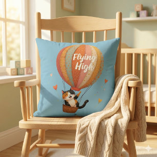 Cute Cat Hot Air Balloon Whimsical Art Cushion