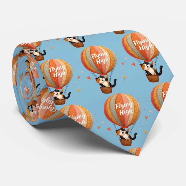 Cute Cat Hot Air Balloon Whimsical Art Tie (Rolled)