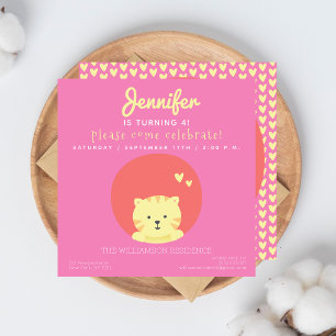 Cute Cat - Hot Pink Kids Birthday Party Invitation
