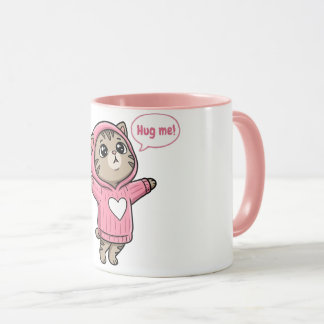 Cute Cat Hug Me Pink Hoodie Heart  Mug