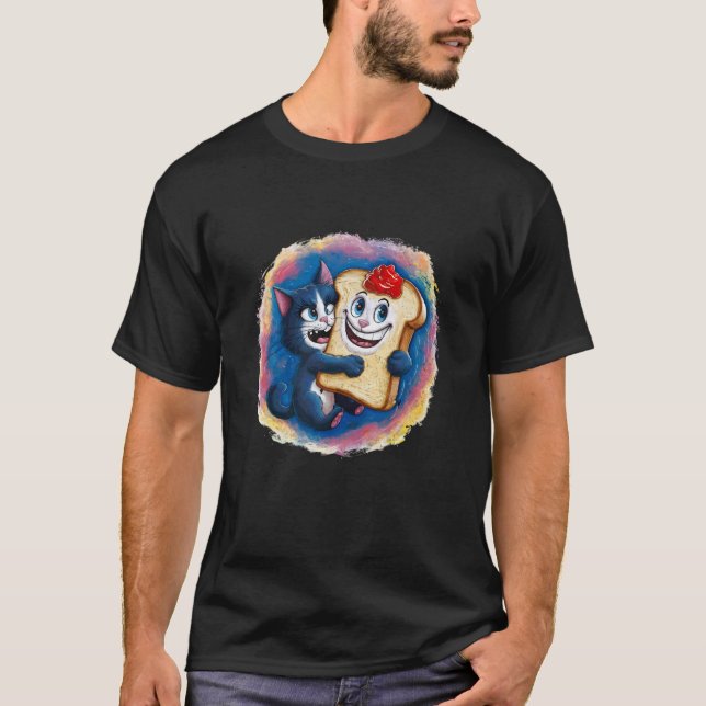 Cute Cat Hugging Jam Toast Funny Breakfast T-Shirt (Front)