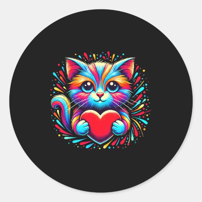 Cute Cat Hugging Valentine Heart Kitty Love Cat Ki Classic Round Sticker (Front)