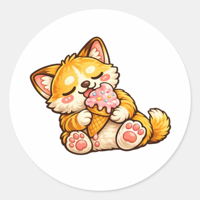 Cute Cat Ice Cream Classic Round Sticker (Front)