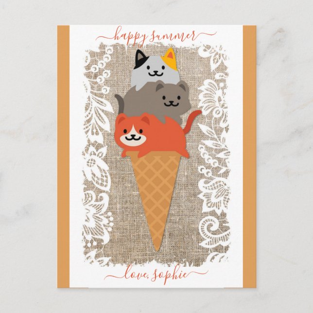 Cute Cat Ice Cream Cone Happy Summer Postcard (Front)