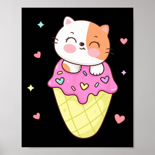 Cute Cat Ice Cream Shirt Anime Kawaii Kids Teen Gi Poster (Front)