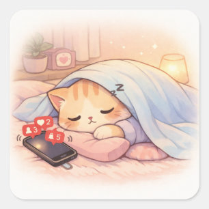 Cute Cat Ignoring Phone Introvert Antisocial Humou Square Sticker