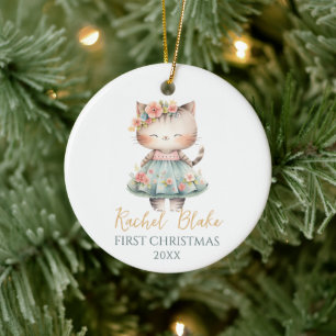 Cute Cat Illustration Baby Girl First Christmas Ceramic Tree Decoration