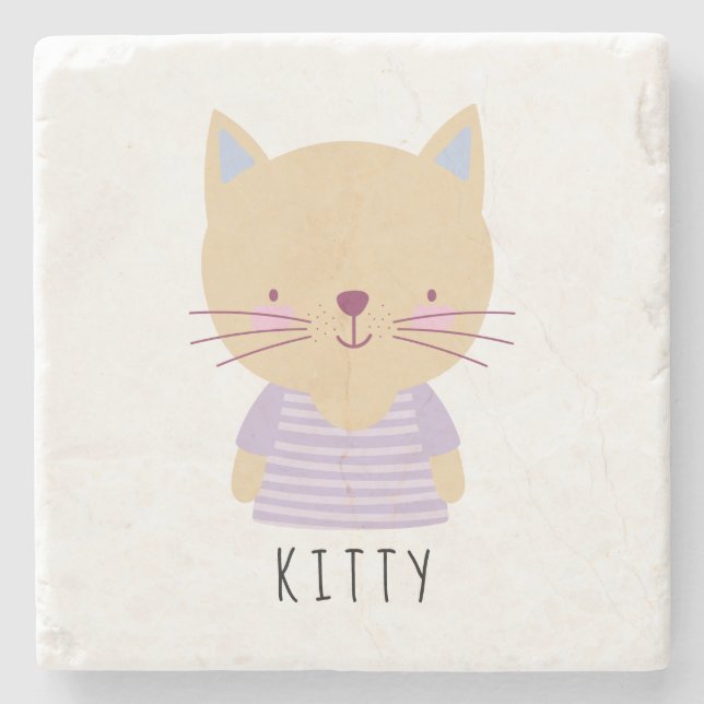 Cute Cat Illustration - Customisable Stone Coaster (Front)