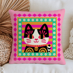 Cute Cat Illustration on Stripes Floral Feline Cushion