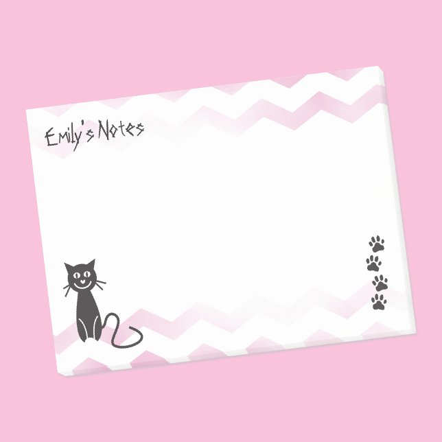 Cute Cat Illustration Pink Zigzags Name Template Post-it Notes (Creator Uploaded)