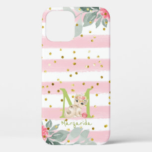 Cute Cat Illustration White Pink Stripes Girl iPhone 12 Case