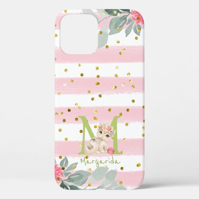 Cute Cat Illustration White Pink Stripes Girl Case-Mate iPhone Case (Back)