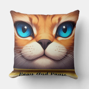 Cute Cat Illustration With Bright Blue Eyes Cushion