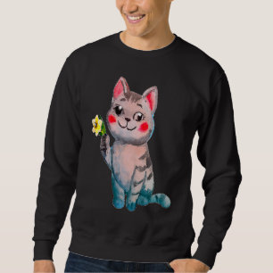 Cute Cat Ilustration And Daffodil March Birth Mont Sweatshirt