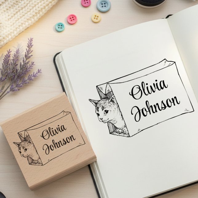 Cute Cat in a Bag Signature Name Wooden Stamp (Cat in a bag signature wooden stamp.)