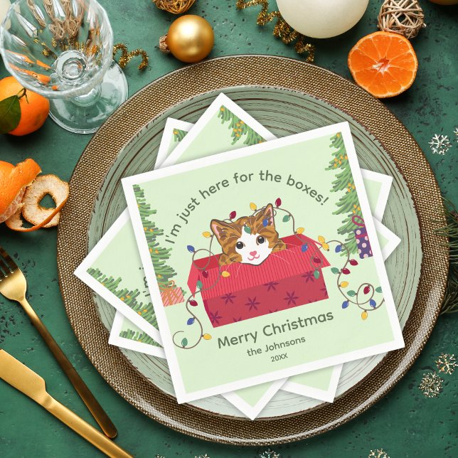 Cute Cat in a Box Here for the Boxes Christmas Napkin (Creator Uploaded)