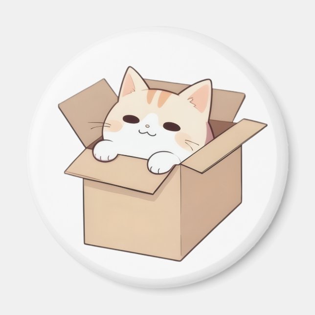 Cute Cat in a Box Kawaii Sticker Design Magnet (Front)