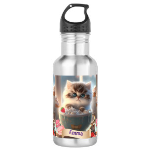 Cute Cat in a Cup Personalized Name Kids  532 Ml Water Bottle