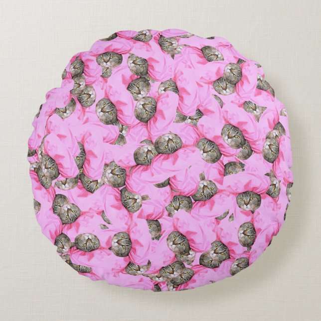 Cute Cat in a Pink Cap Pattern Random Round Cushion (Front)