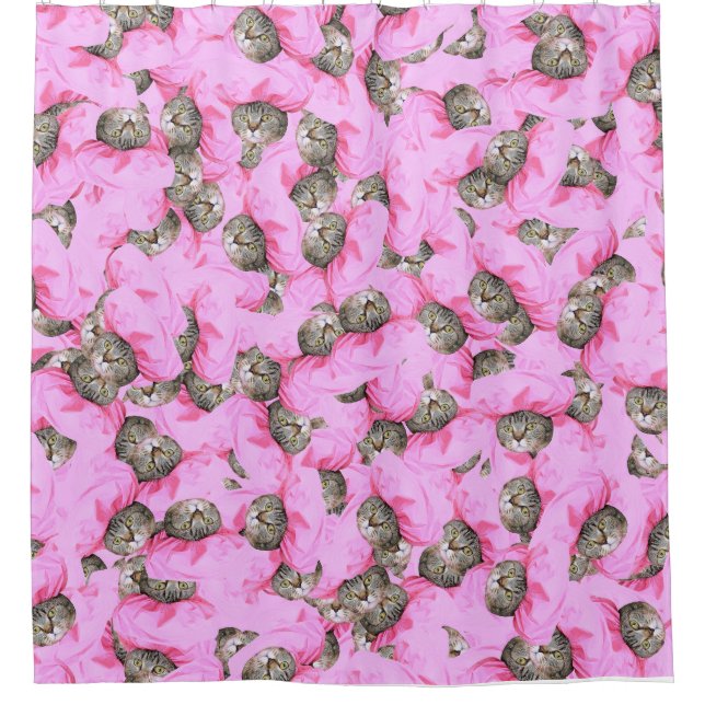 Cute Cat in a Pink Cap Pattern Random Shower Curtain (Front)