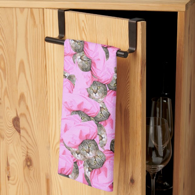 Cute Cat in a Pink Cap Pattern Random Tea Towel (Thirds Fold)