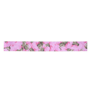 Cute Cat in a Pink Cap Pattern Satin Ribbon