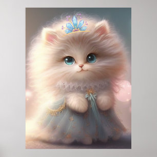 Cute Cat in Blue Dress Art Nursery Poster