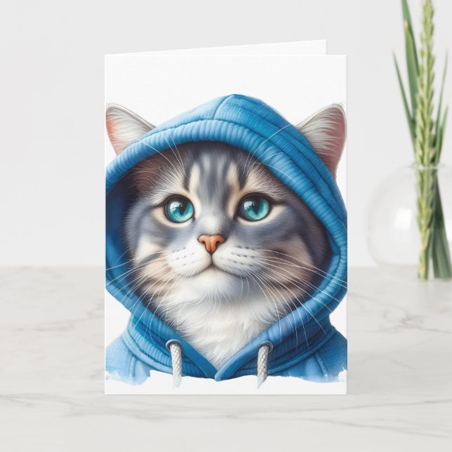 Cute Cat in Blue Hoodie Adorable Kitten Art Blank Card (Front)