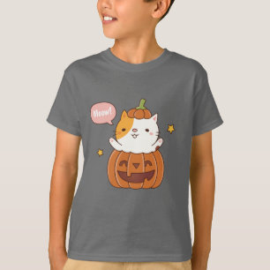Cute Cat in Carved Pumpkin Happy Halloween T-Shirt