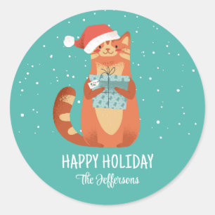 Cute Cat In Christmas Hat Winter Holiday Classic Round Sticker