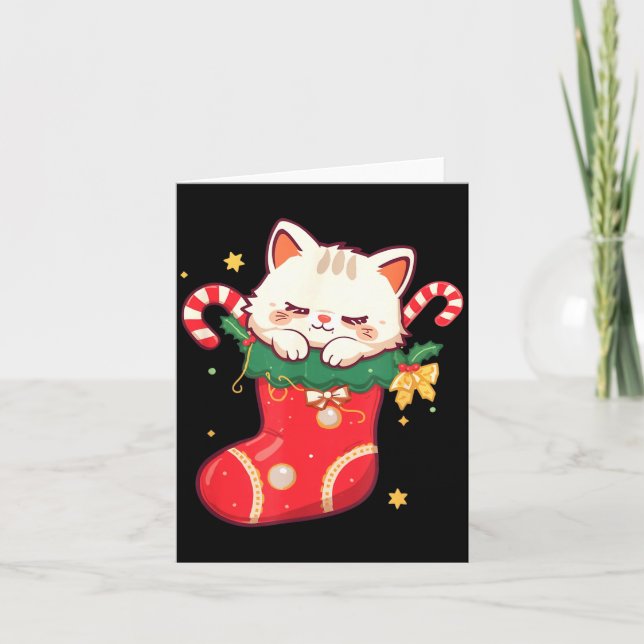 Cute Cat In Christmas Stocking Kawaii Anime Xmas G Card (Front)