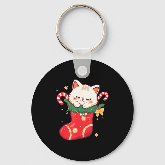 Cute Cat In Christmas Stocking Kawaii Anime Xmas G Key Ring (Front)