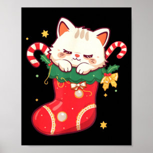 Cute Cat In Christmas Stocking Kawaii Anime Xmas G Poster