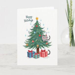 Cute Cat In Christmas Tree Illustrated Card