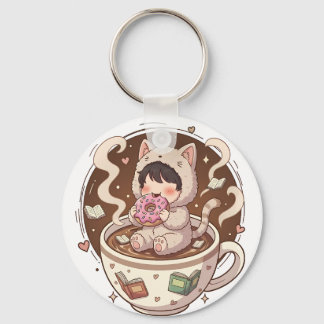 Cute Cat in Coffee Cup - Cozy Adventure Hoodie art Key Ring