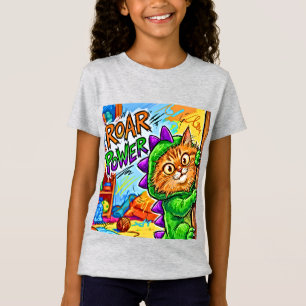 Cute Cat in Dino Costume Roar Power Kids   T-Shirt