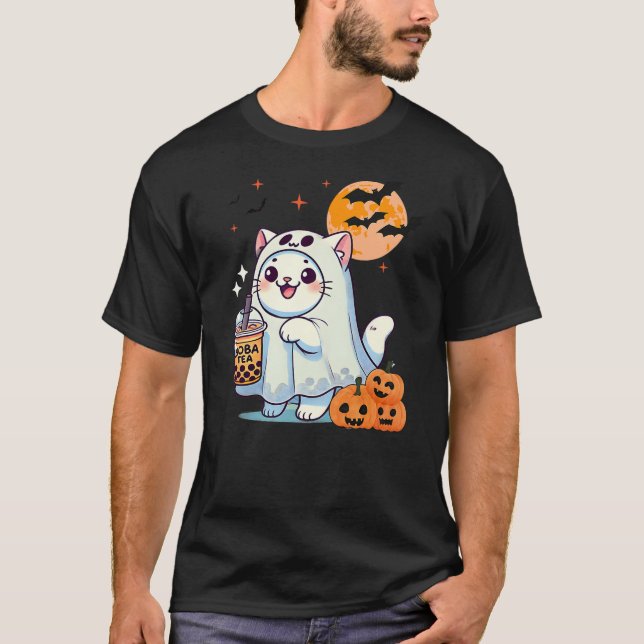 Cute Cat in ghost halloween Pumpkin drinking boba  T-Shirt (Front)