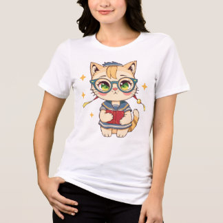 Cute Cat in Glasses and School Uniform Art Tri-Blend Shirt