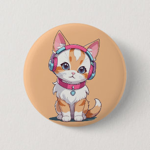 Cute Cat in Headphone Chic 6 Cm Round Badge