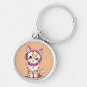 Cute Cat in Headphone Chic Key Ring