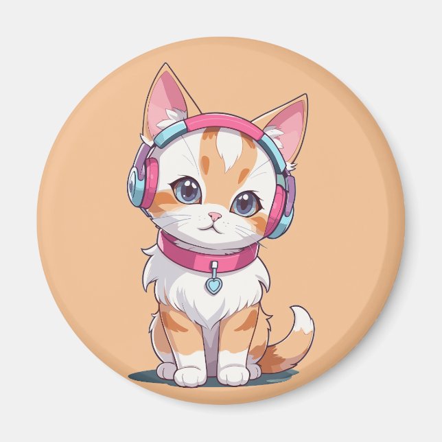 Cute Cat in Headphone Chic Magnet (Front)