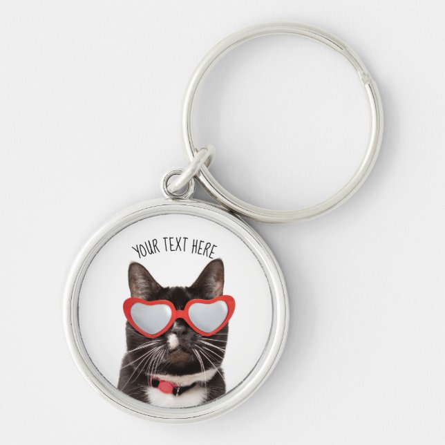Cute Cat in Heart Glasses Key Ring (Front)
