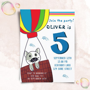 Cute Cat in Hot Air Balloon Boy Birthday Invitation Postcard