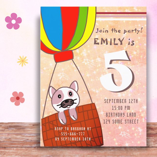 Cute Cat in Hot Air Balloon Glitter Girl Birthday Invitation Postcard (Creator Uploaded)