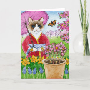 Cute cat in Japanese Spring garden greeting card