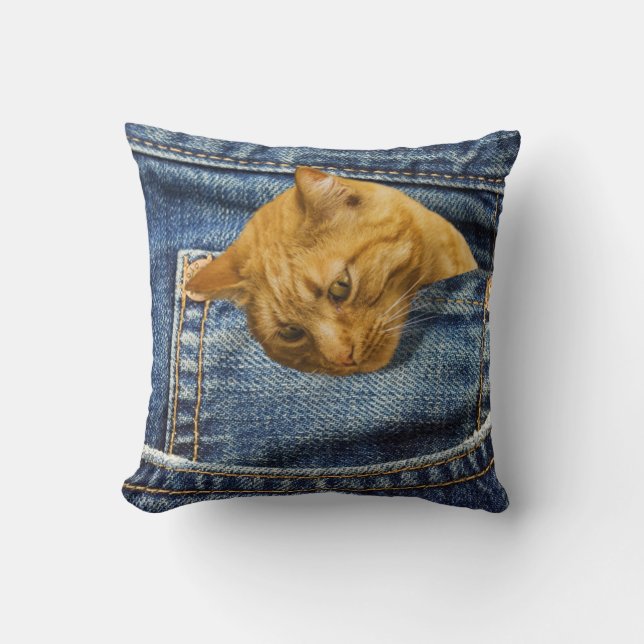Cute cat in jeans pocket funny illusion cushion (Front)