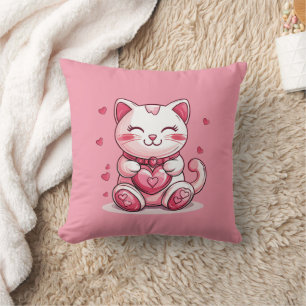 cute cat in love with pink heart cushion
